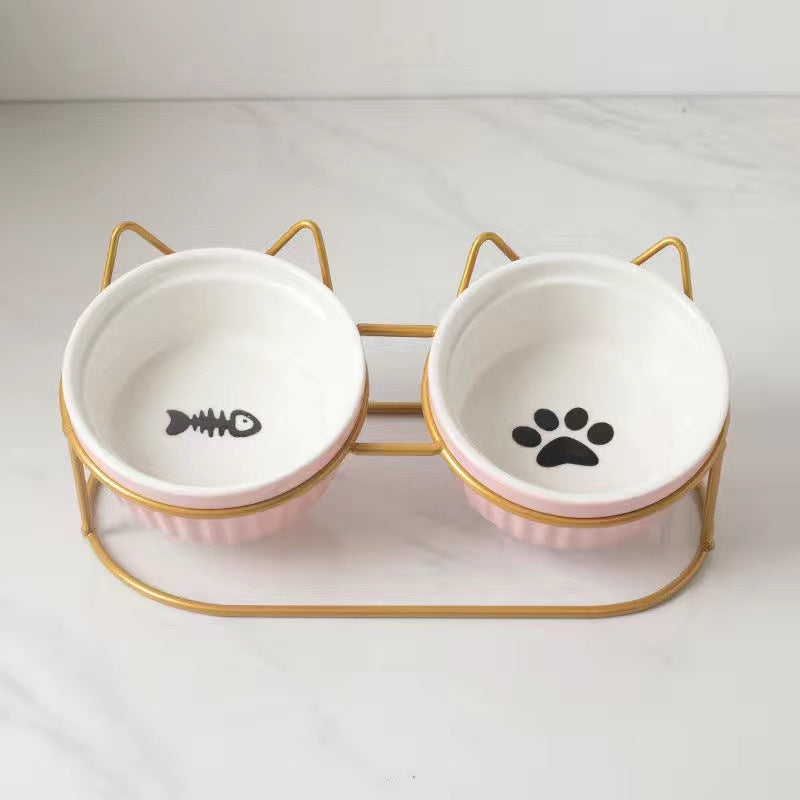 Bowl Ceramic Double Bowl Water Bowl Tall Diagonal Pet Bowl supplies