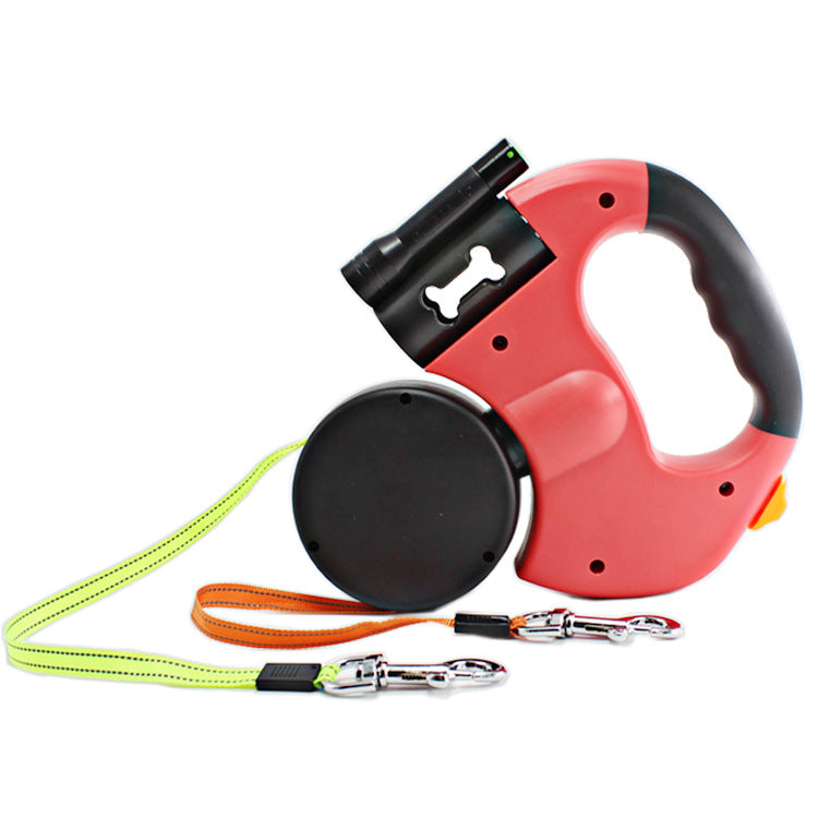 Pet Dual Headed Leash With Flashlight Waste Bag Box Automatic Retractable Traction Rope