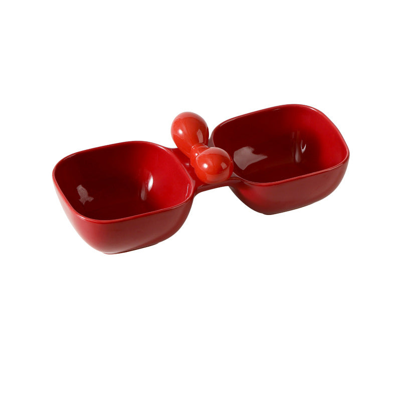 Ceramic Pet Food Water Snack Dual Bowl Set