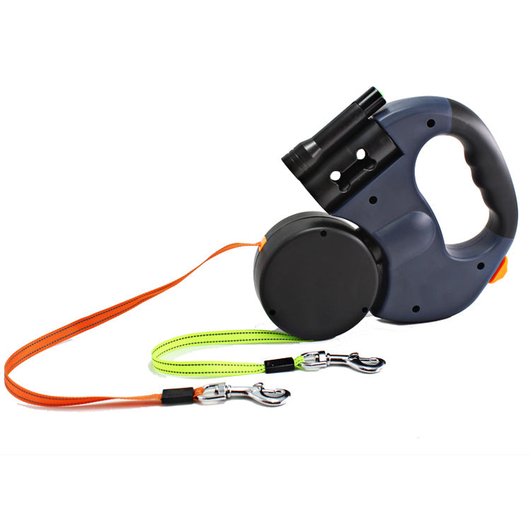 Pet Dual Headed Leash With Flashlight Waste Bag Box Automatic Retractable Traction Rope