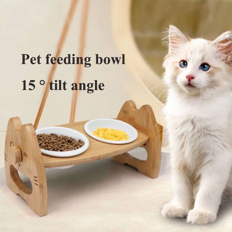 Pet Ceramic Double Bowl Wooden Stand Adjustable Tilt Neck Protection Feeder