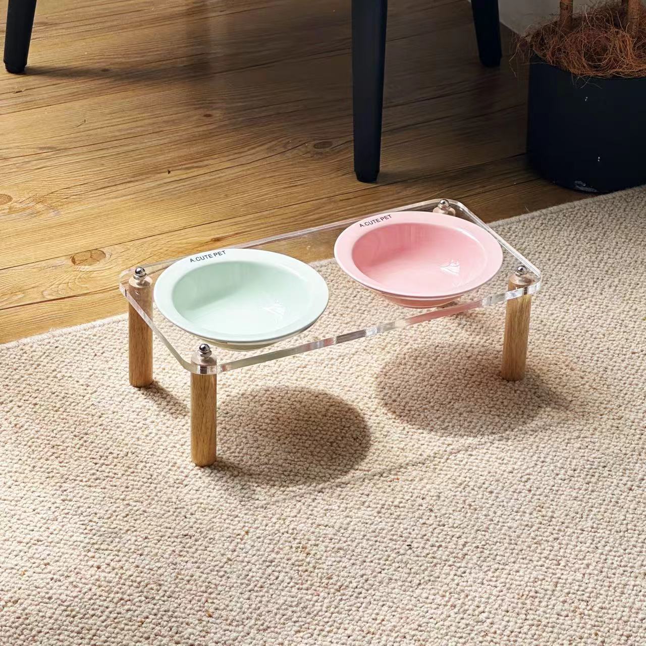 Ceramic Anti-Tumble Raised Pet Food And Water Double Bowl Stand