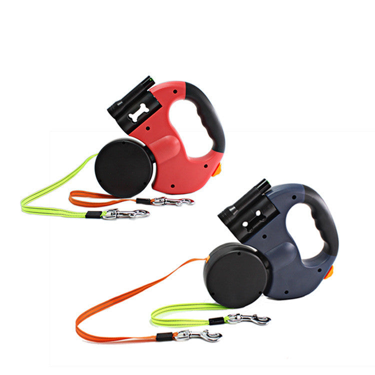 Pet Dual Headed Leash With Flashlight Waste Bag Box Automatic Retractable Traction Rope