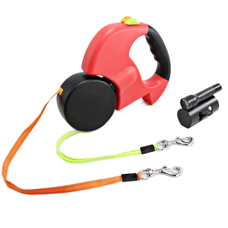 Pet Dual Headed Leash With Flashlight Waste Bag Box Automatic Retractable Traction Rope