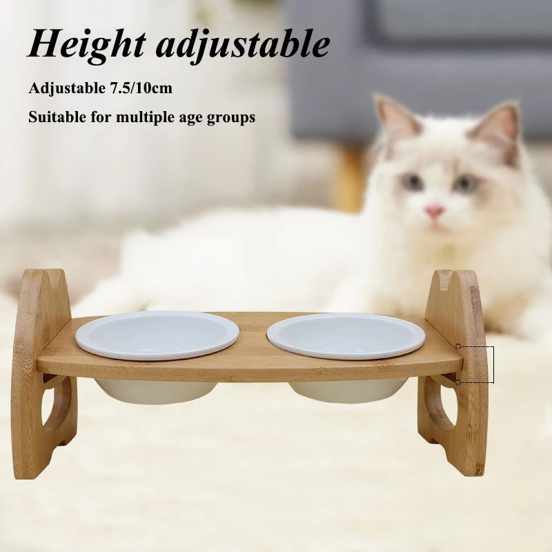 Pet Ceramic Double Bowl Wooden Stand Adjustable Tilt Neck Protection Feeder