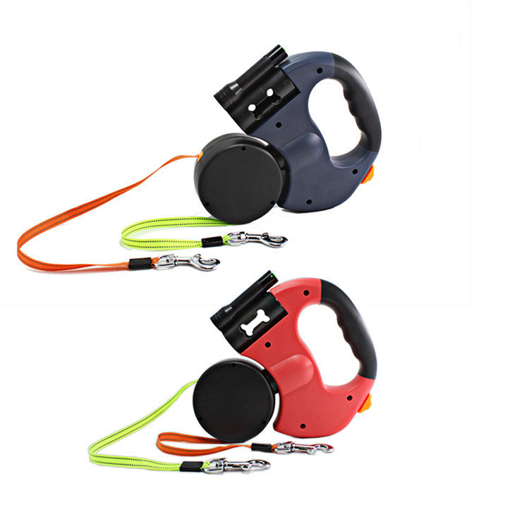 Pet Dual Headed Leash With Flashlight Waste Bag Box Automatic Retractable Traction Rope