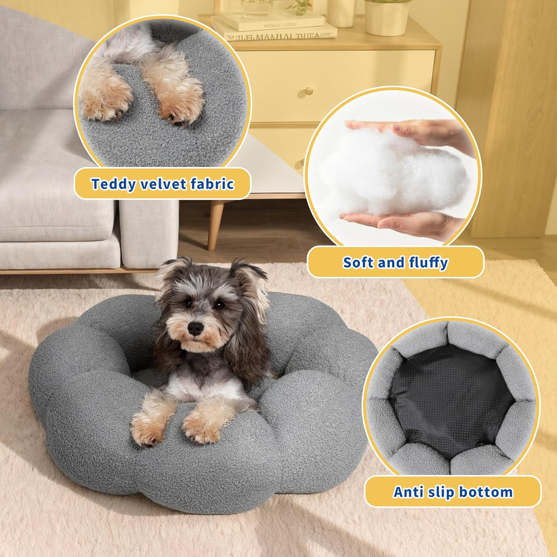 Pet Calming Fluffy Flower Plush Round Donut Cuddler Bed