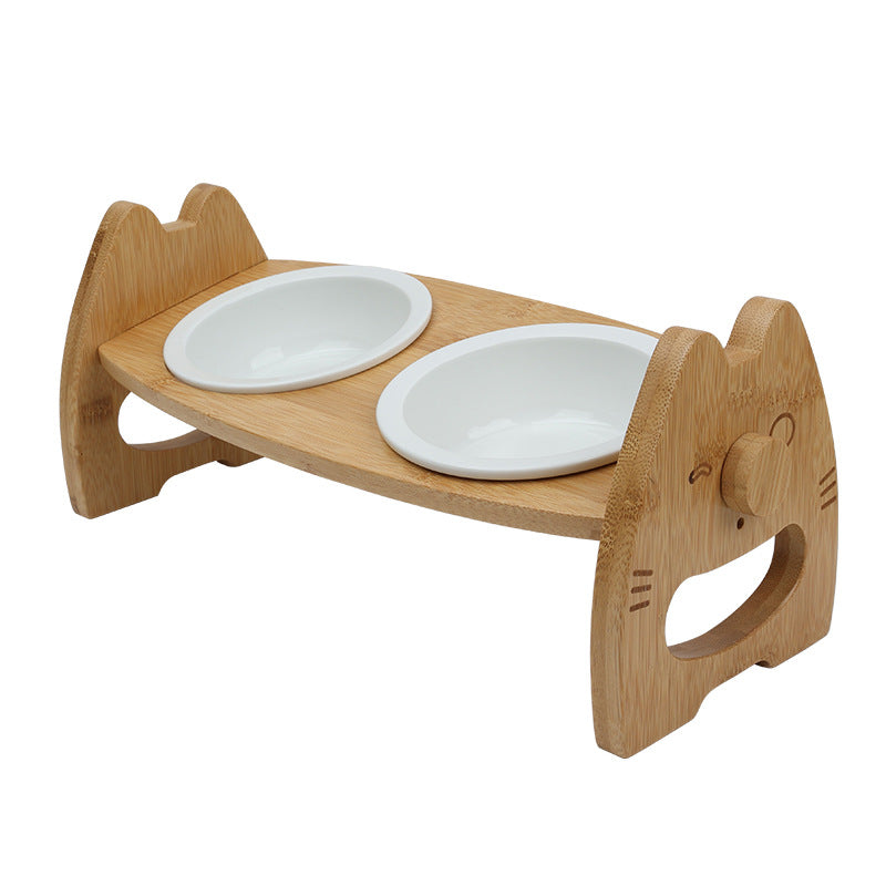Pet Ceramic Double Bowl Wooden Stand Adjustable Tilt Neck Protection Feeder