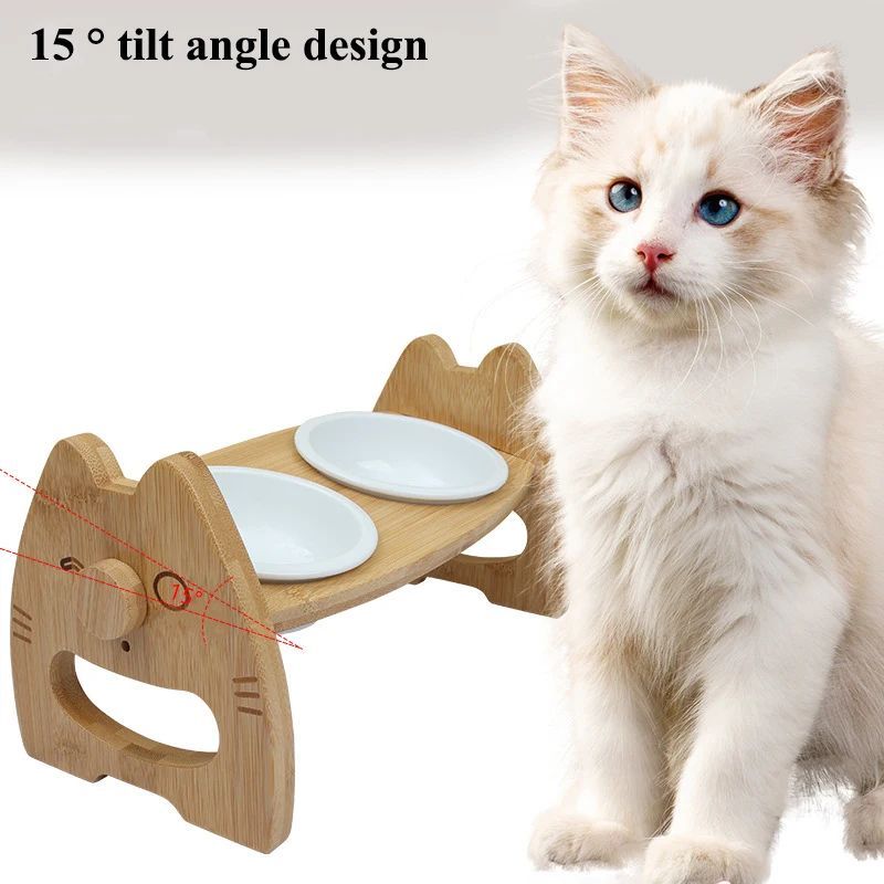 Pet Ceramic Double Bowl Wooden Stand Adjustable Tilt Neck Protection Feeder