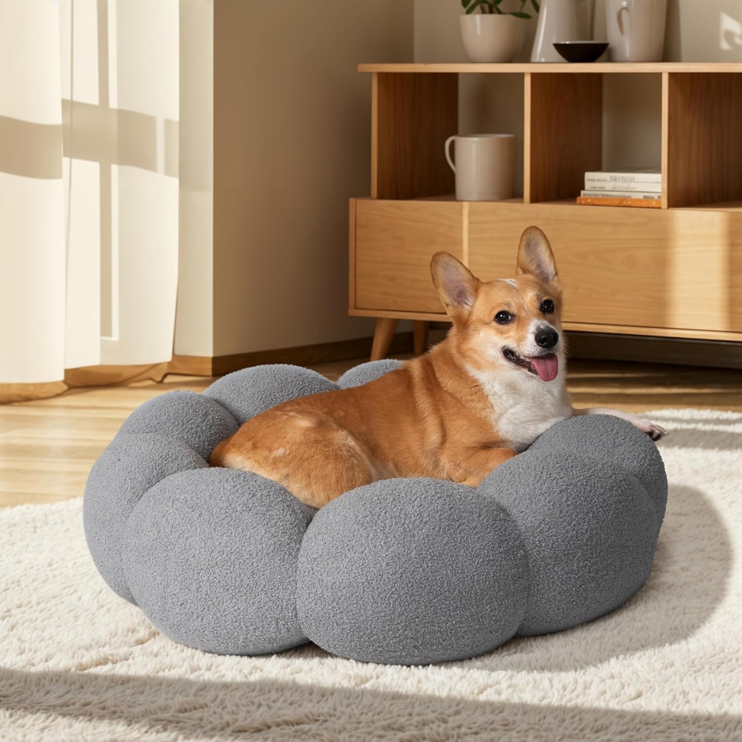 Pet Calming Fluffy Flower Plush Round Donut Cuddler Bed