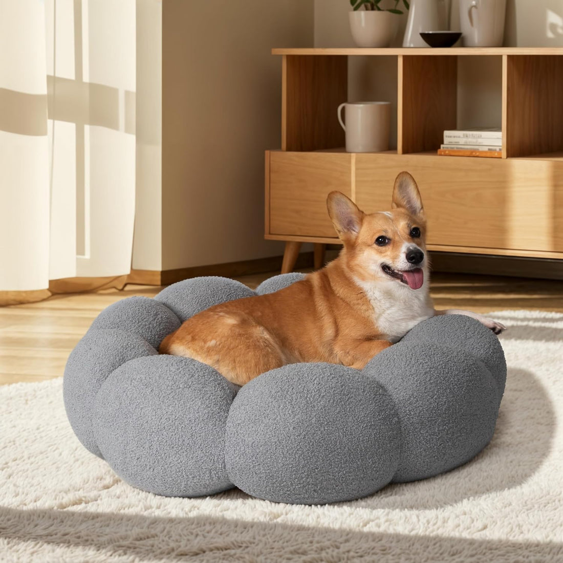 Pet Calming Fluffy Flower Plush Round Donut Cuddler Bed