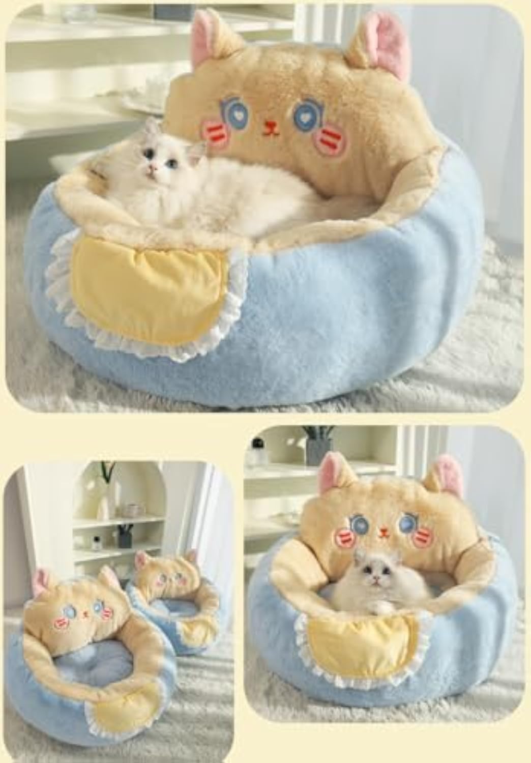 Pet Cute Indoor Tent Cave Removable Washable Cushioned Fluffy Calming Plush Sleep Cuddle Bed