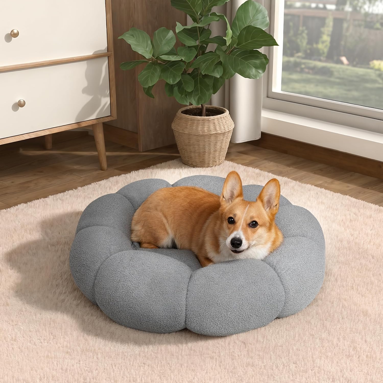 Pet Calming Fluffy Flower Plush Round Donut Cuddler Bed