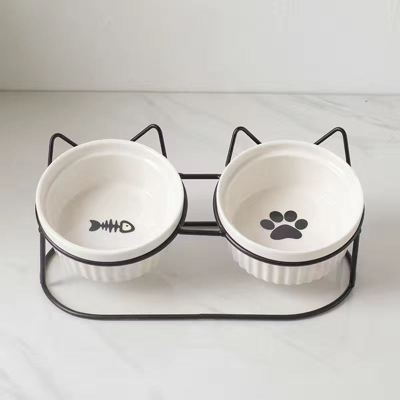 Bowl Ceramic Double Bowl Water Bowl Tall Diagonal Pet Bowl supplies
