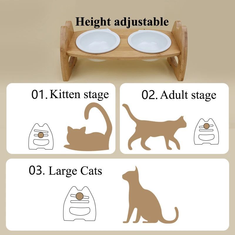 Pet Ceramic Double Bowl Wooden Stand Adjustable Tilt Neck Protection Feeder