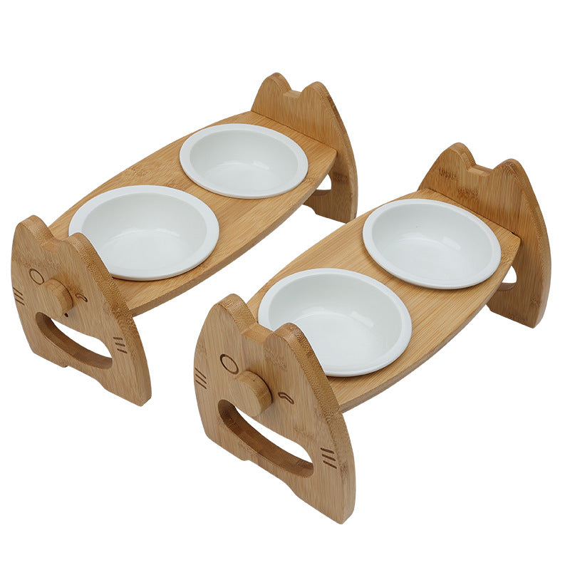 Pet Ceramic Double Bowl Wooden Stand Adjustable Tilt Neck Protection Feeder