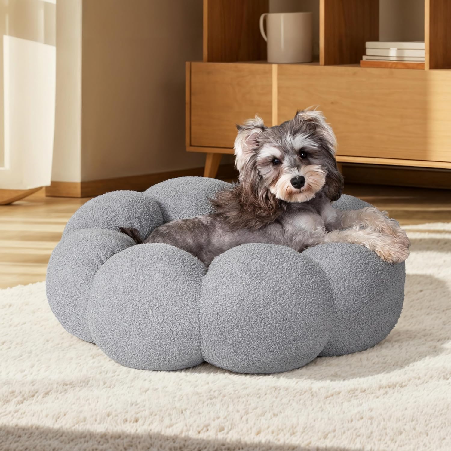 Pet Calming Fluffy Flower Plush Round Donut Cuddler Bed