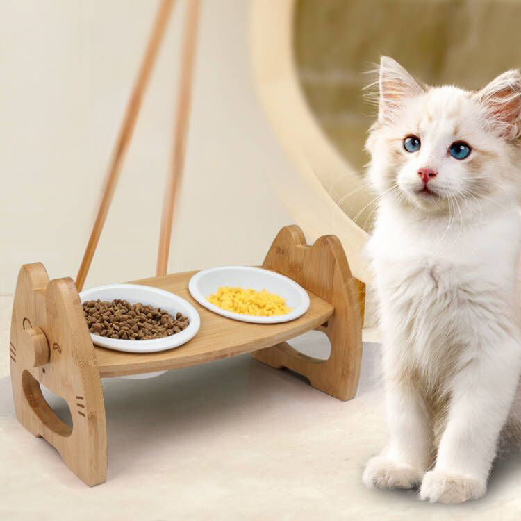 Pet Ceramic Double Bowl Wooden Stand Adjustable Tilt Neck Protection Feeder