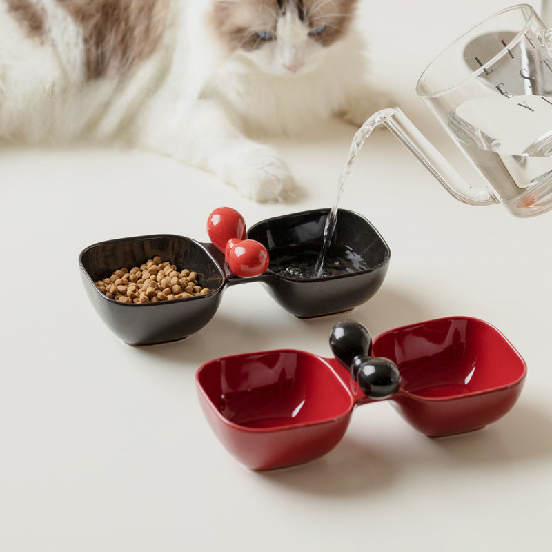 Ceramic Pet Food Water Snack Dual Bowl Set