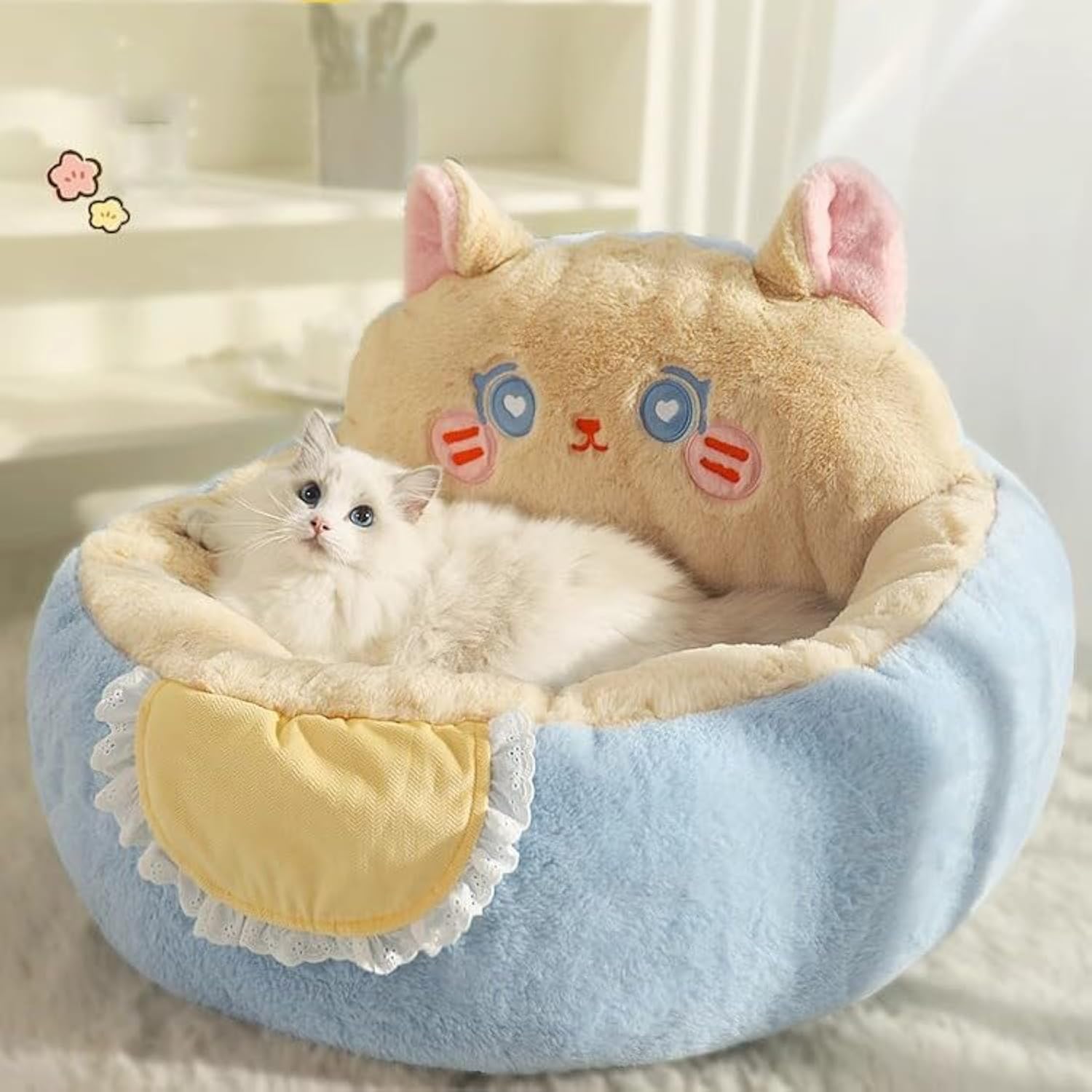 Pet Cute Indoor Tent Cave Removable Washable Cushioned Fluffy Calming Plush Sleep Cuddle Bed