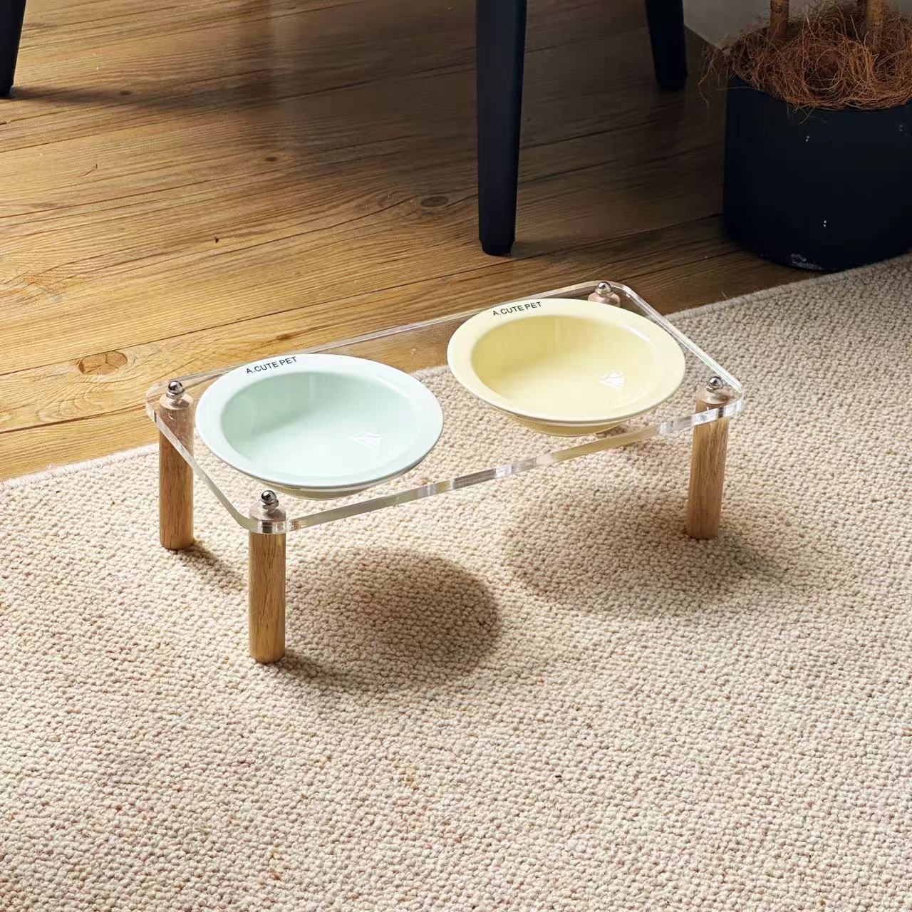 Ceramic Anti-Tumble Raised Pet Food And Water Double Bowl Stand