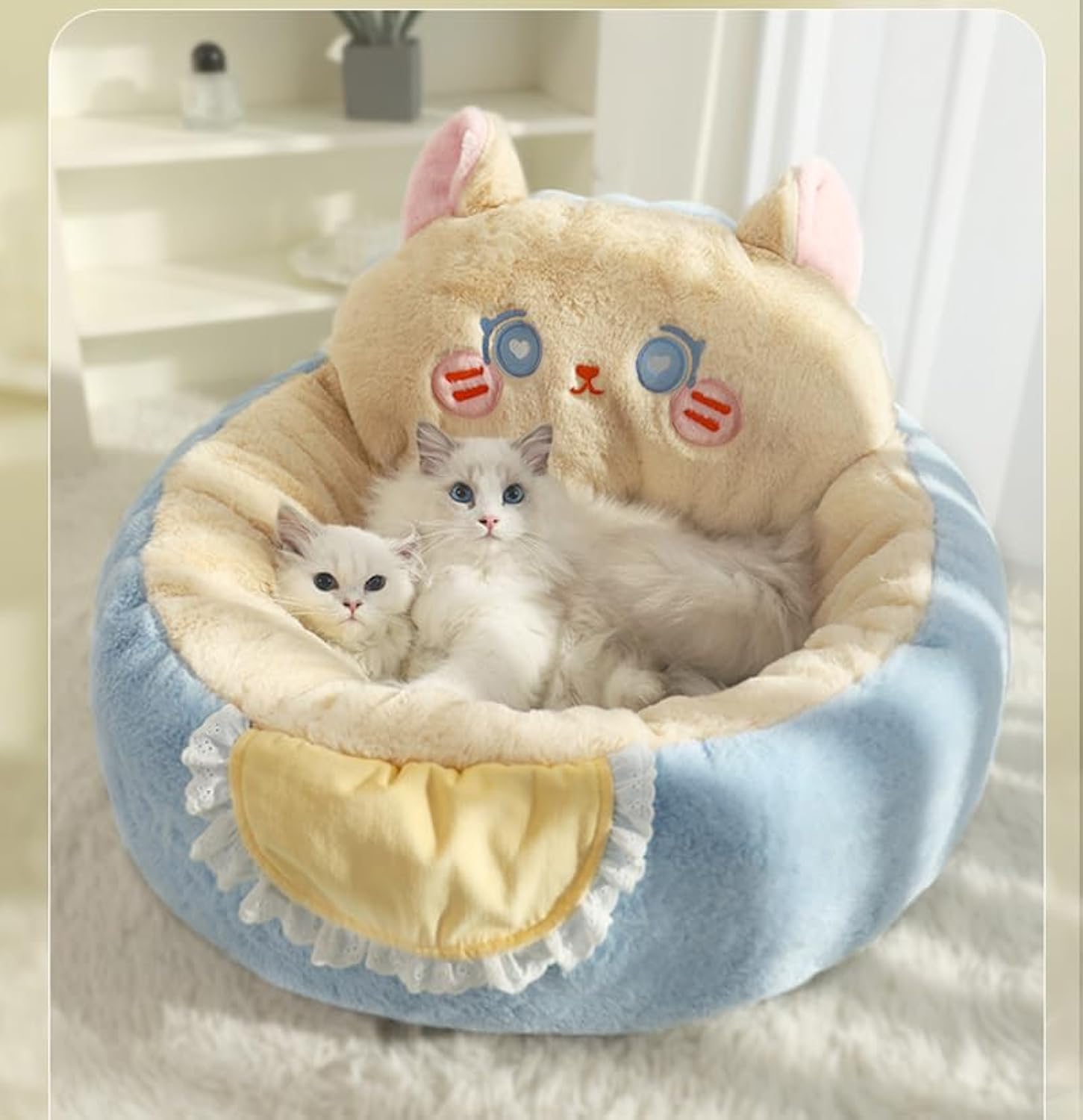 Pet Cute Indoor Tent Cave Removable Washable Cushioned Fluffy Calming Plush Sleep Cuddle Bed