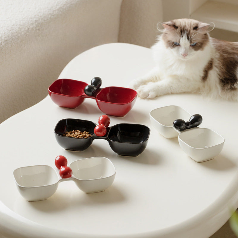 Ceramic Pet Food Water Snack Dual Bowl Set