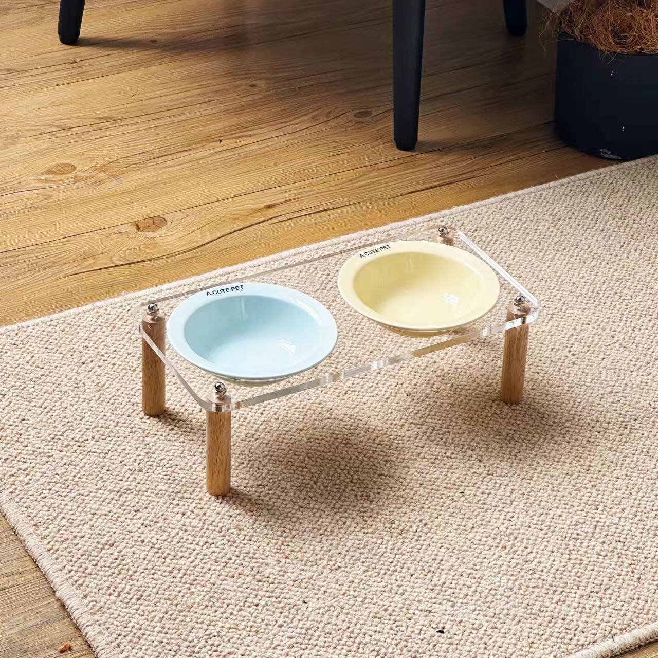 Ceramic Anti-Tumble Raised Pet Food And Water Double Bowl Stand