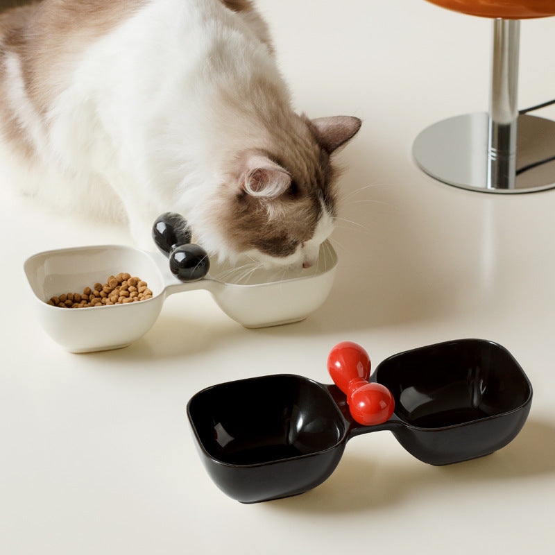 Ceramic Pet Food Water Snack Dual Bowl Set
