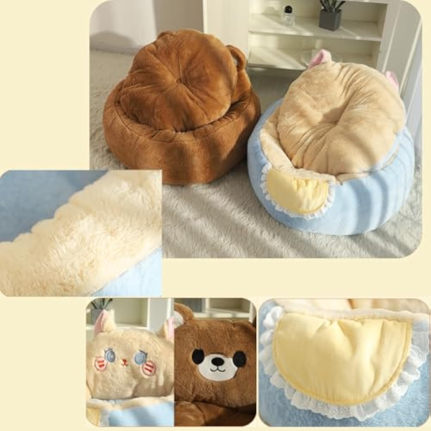 Pet Cute Indoor Tent Cave Removable Washable Cushioned Fluffy Calming Plush Sleep Cuddle Bed