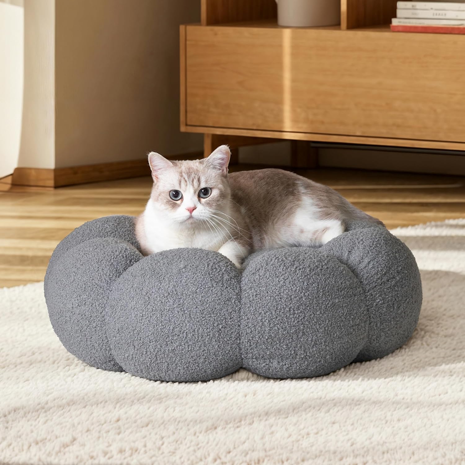 Pet Calming Fluffy Flower Plush Round Donut Cuddler Bed