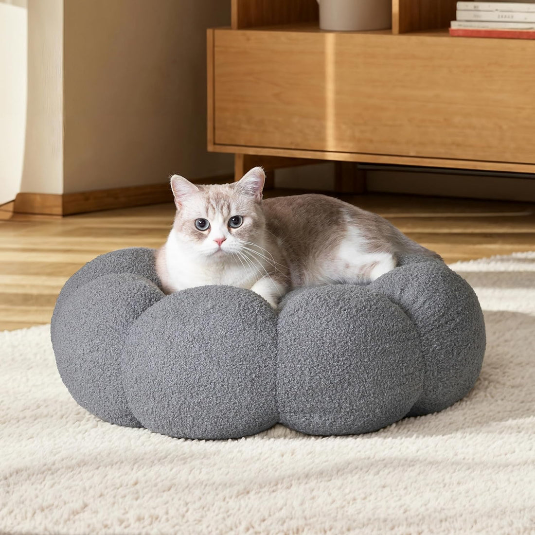 Pet Calming Fluffy Flower Plush Round Donut Cuddler Bed